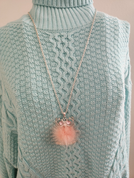 Jewelry - Y2K Aesthetic Pink Pom Pom Owl Pendant Necklace Silver Rhinestone Fluffy